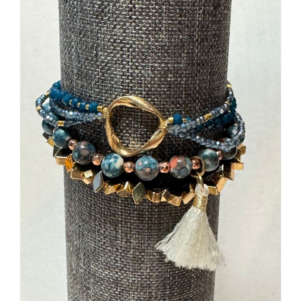 Erimish Blue Boho Bracelet Stack | Beaded Stretch Set w/ Tassel